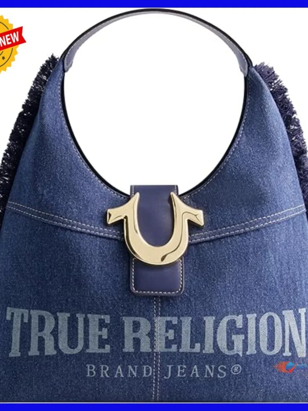Medium Hobo Shoulder Bag, Frayed Denim with Horseshoe Logo, Lightweight Cotton